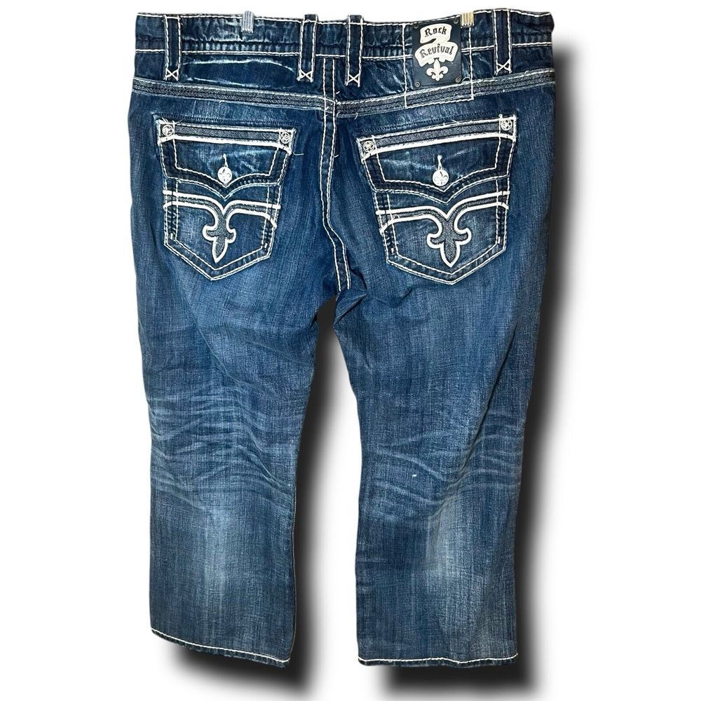 $220‎ Rock Revival "Chris" 42 X 28 Leather Trim Med Blue Wash Biker Grunge Jeans